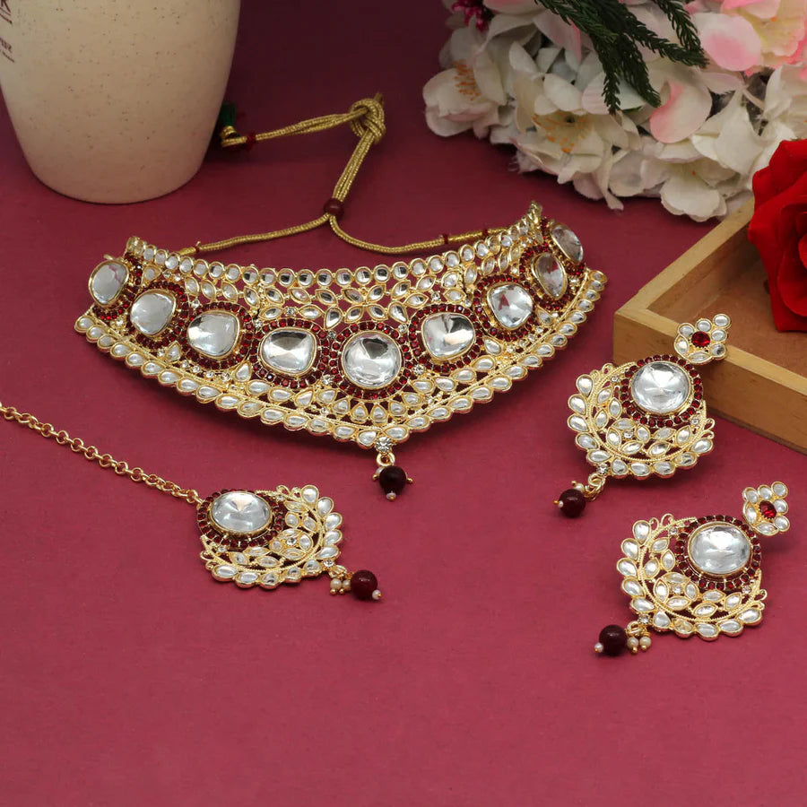 Maroon Color Choker Kundan Necklace Set DWH089