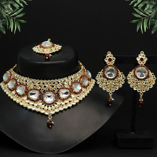 Maroon Color Choker Kundan Necklace Set DWH089