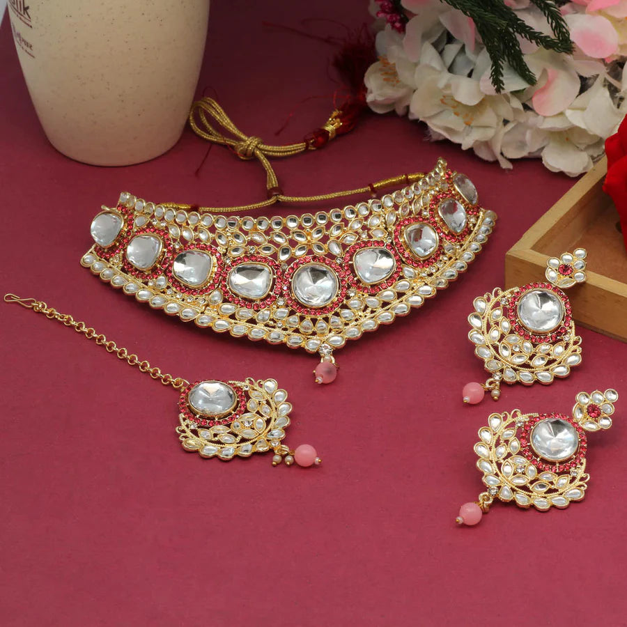 Pink Color Choker Kundan Necklace Set DWH091