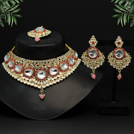 Pink Color Choker Kundan Necklace Set DWH091