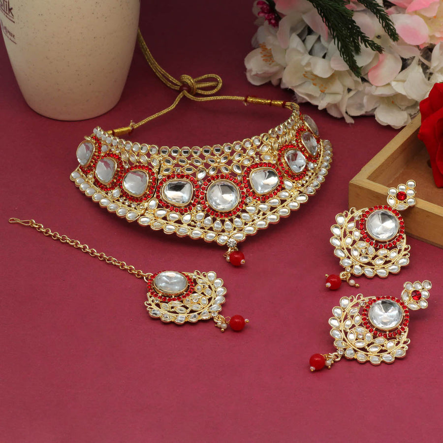 Red Color Choker Kundan Necklace Set DWH092