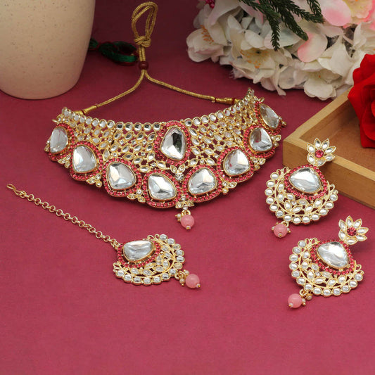 Pink Color Choker Kundan Necklace Set DWH093