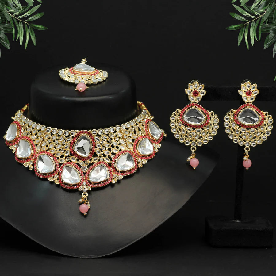 Pink Color Choker Kundan Necklace Set DWH093