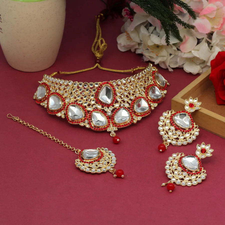 Red Color Choker Kundan Necklace Set DWH094