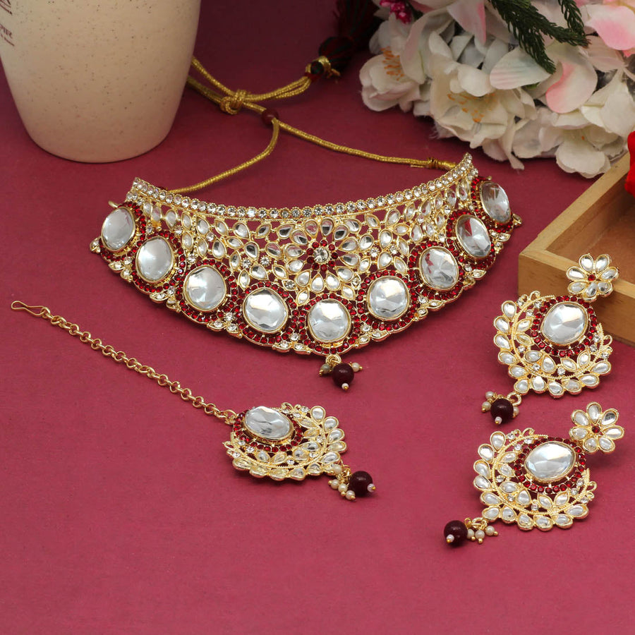 Maroon Color Choker Kundan Necklace Set DWH096