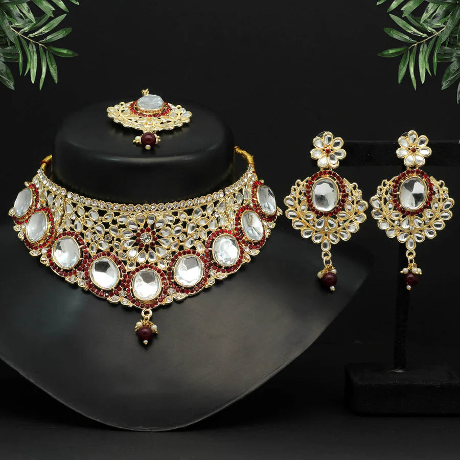 Maroon Color Choker Kundan Necklace Set DWH096