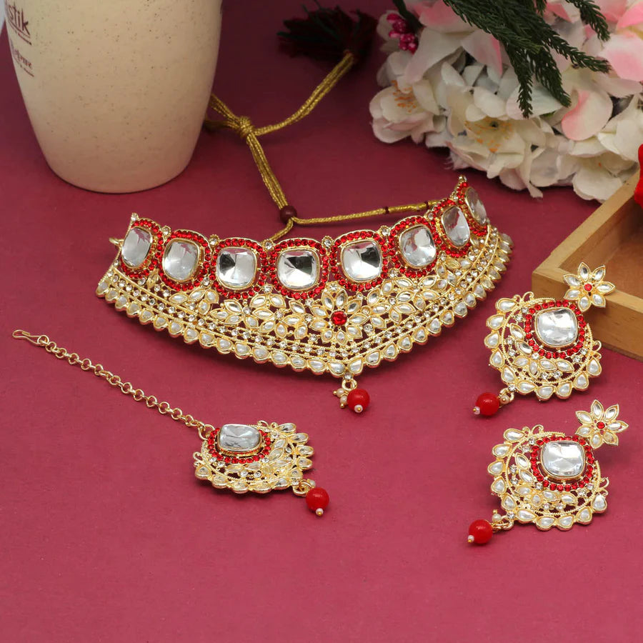 Red Color Choker Kundan Necklace Set DWH097