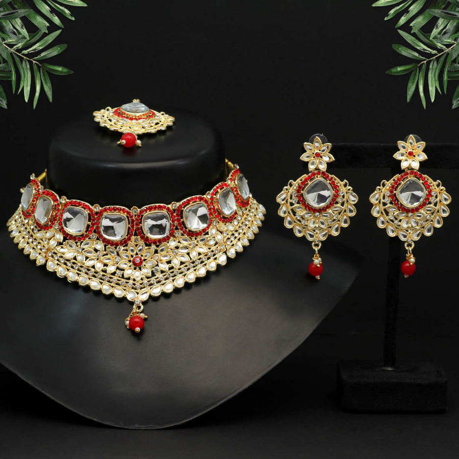 Red Color Choker Kundan Necklace Set DWH097