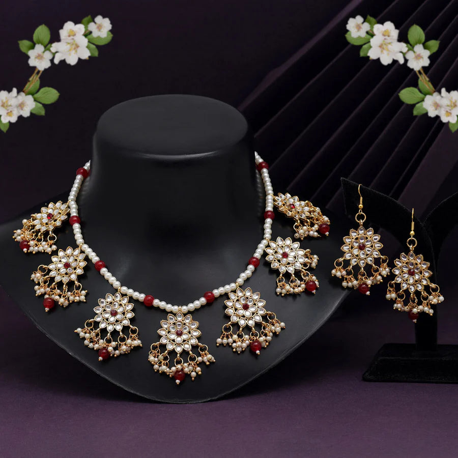 Maroon Color Kundan Necklace Set DWH085